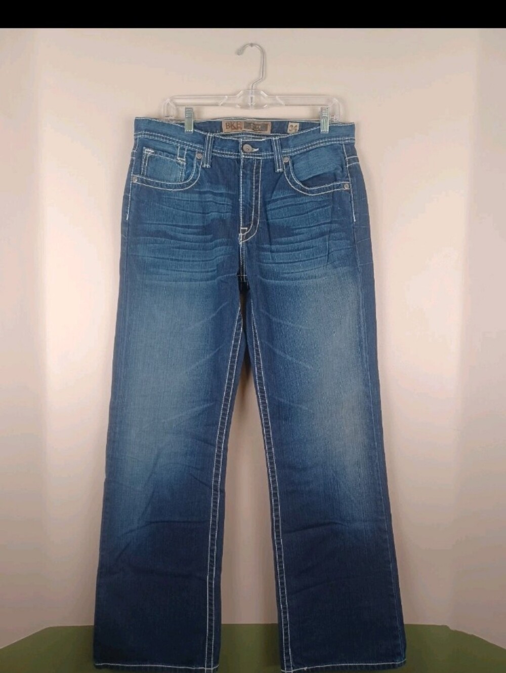 BKE Tyler Jeans Mens 34x34 Straight Thick Stitch Whisker Buckle Western Utility